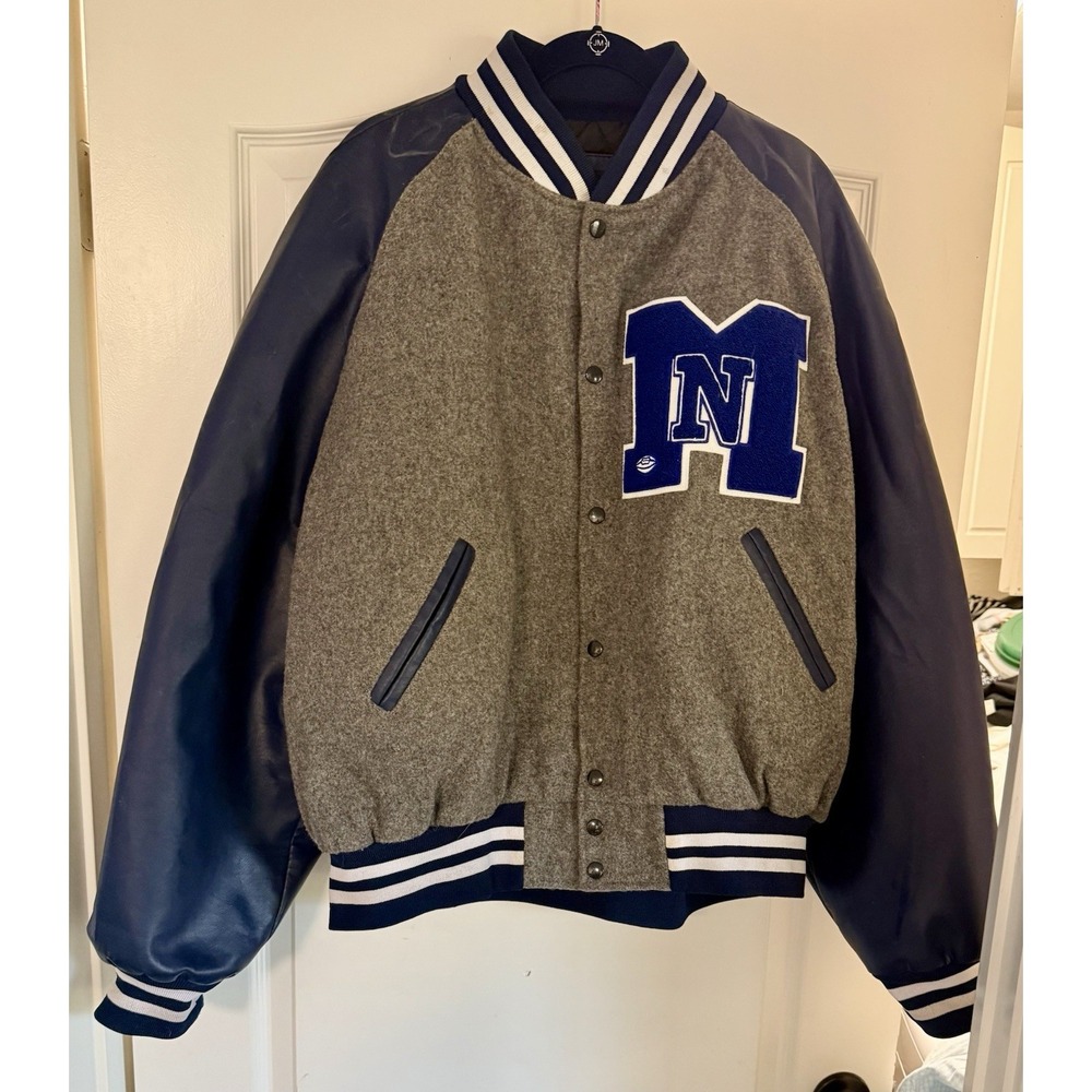 Chenille Bomber Varsity Letterman Jacket Size 2XLBlue Gray Wool Snap Front